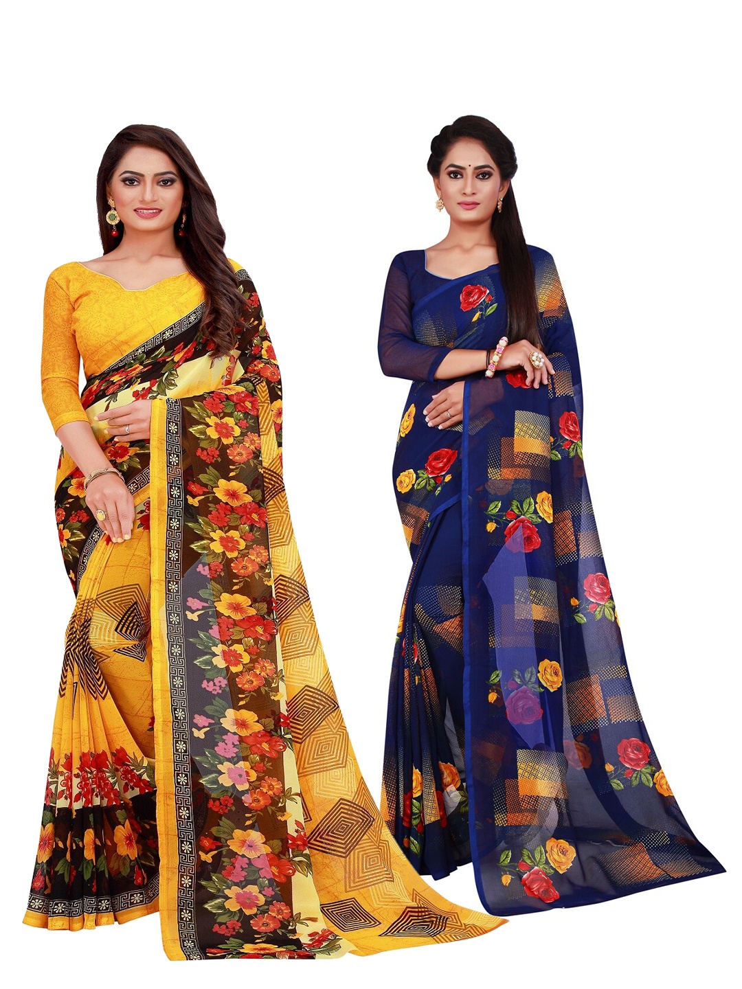 

SAADHVI Pack of 2 Yellow & Navy Blue Printed Pure Georgette Saree