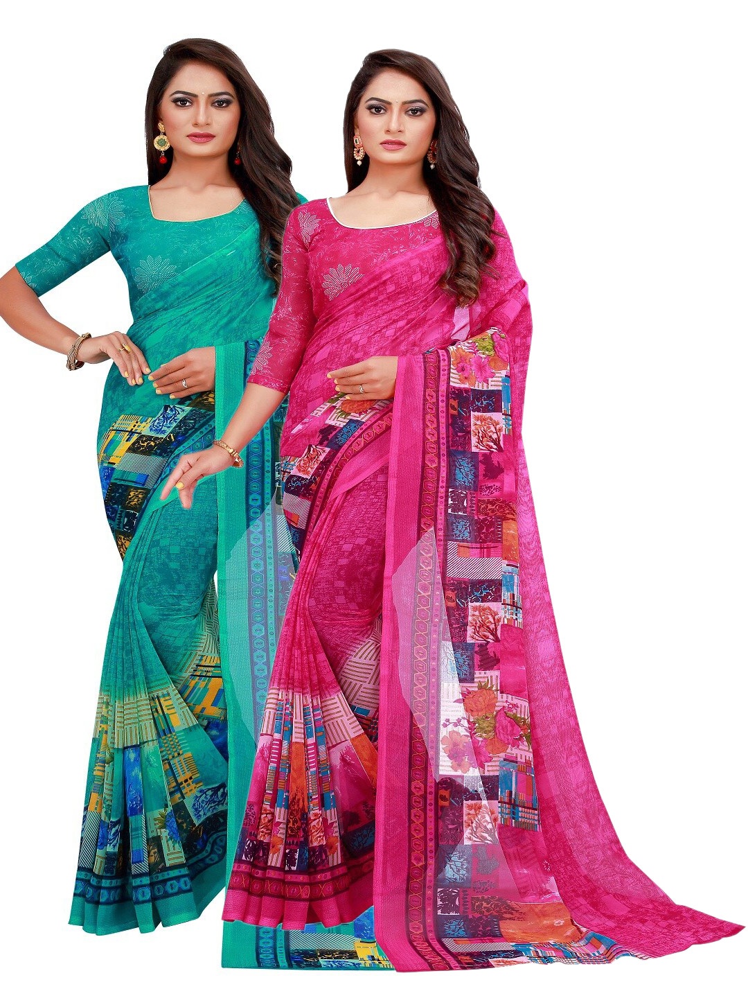 

SAADHVI Pack of 2 Turquoise Blue & Magenta Pure Georgette Saree