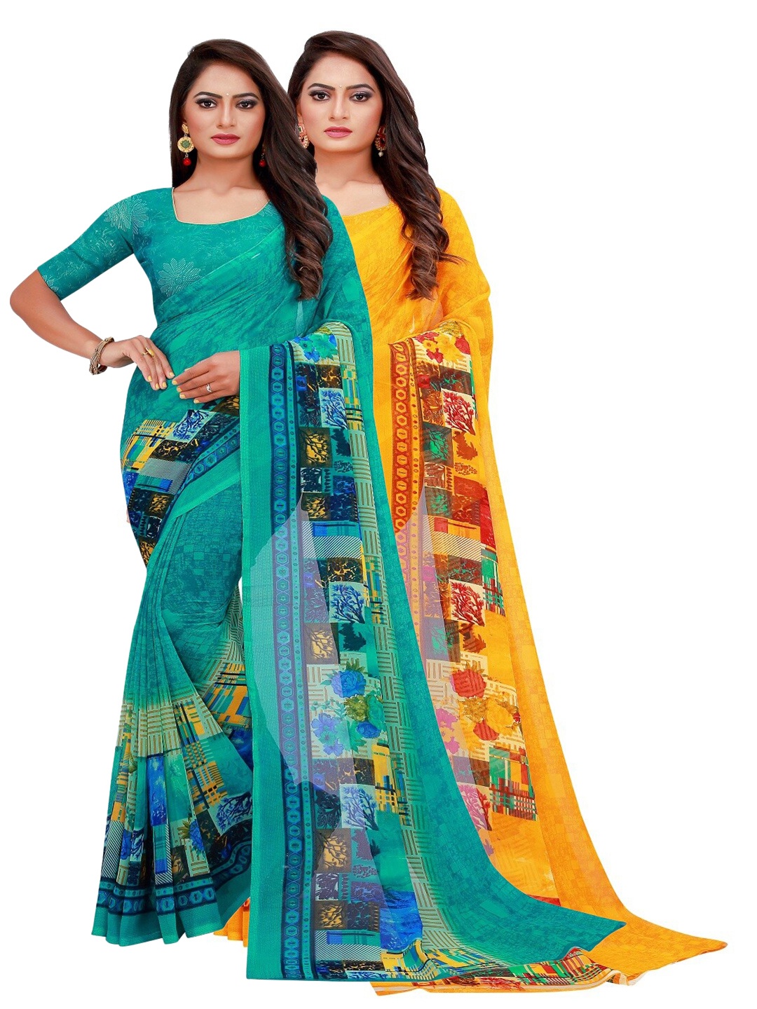 

SAADHVI Pack Of 2 Turquoise Blue & Yellow Floral Pure Georgette Saree