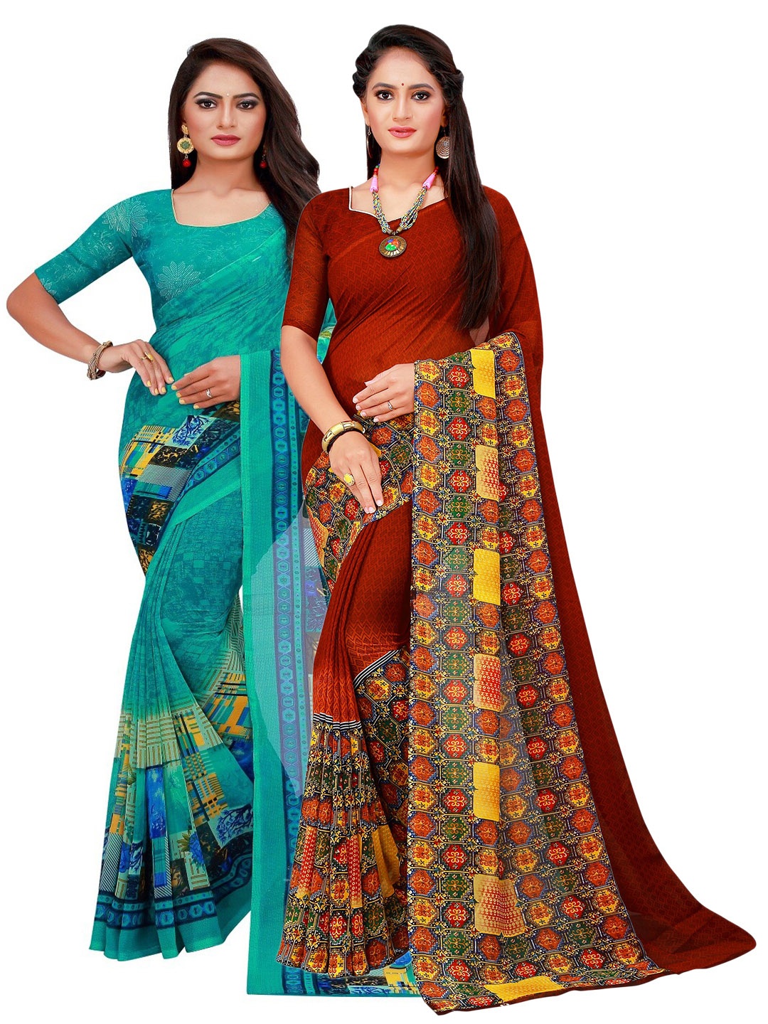 

SAADHVI Pack of 2 Turquoise Blue & Maroon Printed Saree