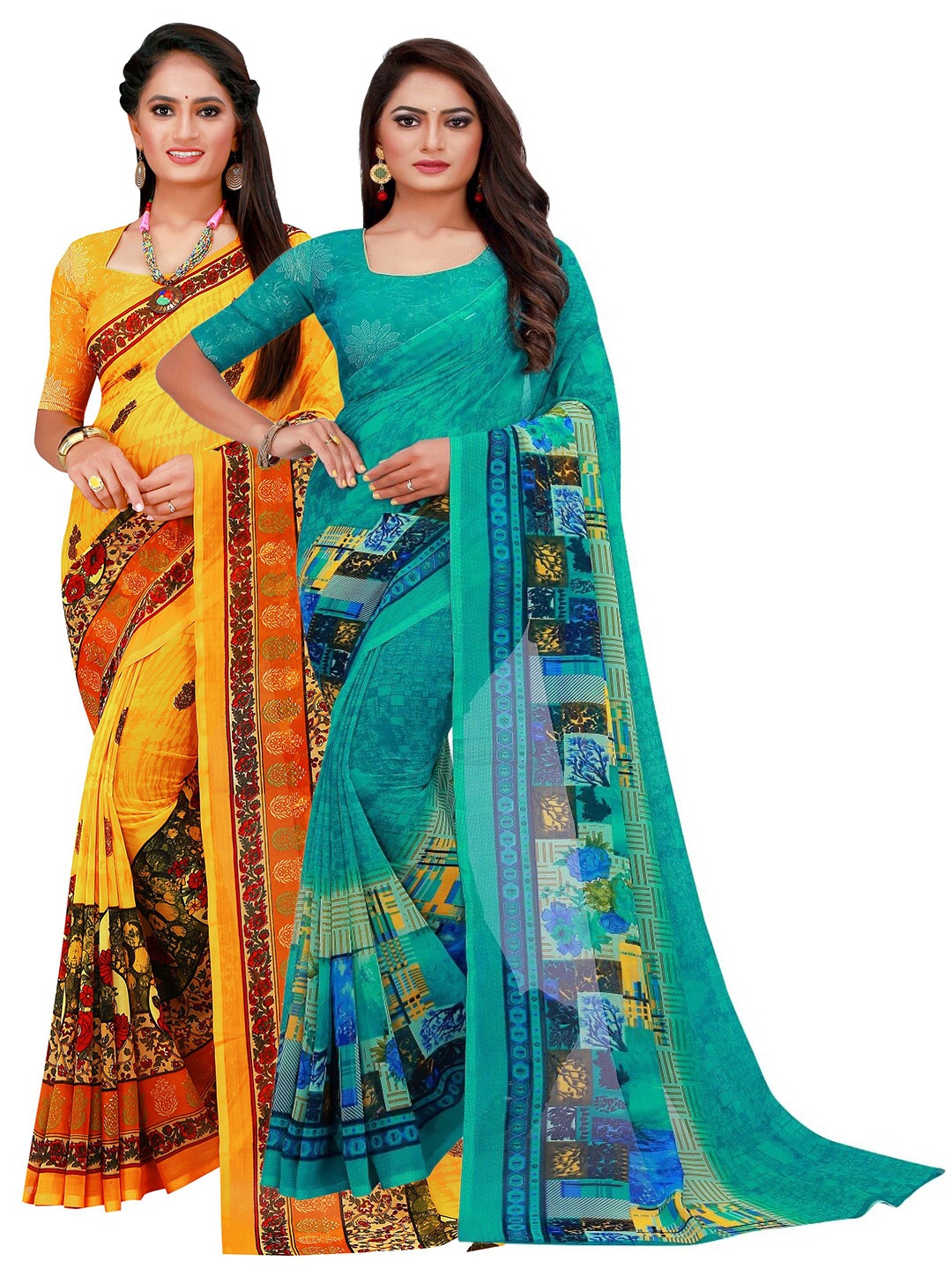 

SAADHVI Pack Of 2 Turquoise Blue & Yellow Floral Pure Georgette Saree