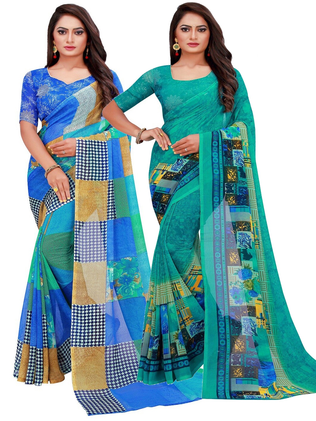 

SAADHVI Pack of 2 Blue & Turquoise Blue Pure Georgette Sarees