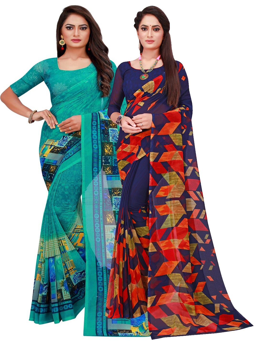 

SAADHVI Pack Of 2 Turquoise Blue & Navy Blue Pure Georgette Saree