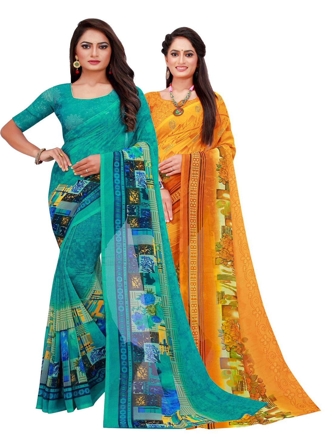 

SAADHVI Turquoise Blue & Yellow Floral Pure Georgette Saree Pack Of 2