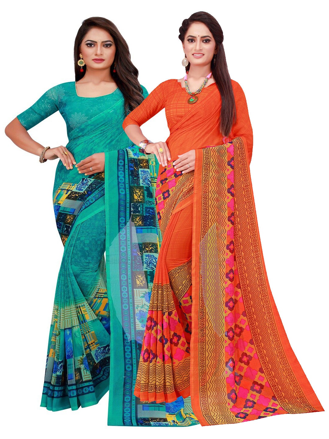 

SAADHVI Pack of 2 Orange & Turquoise Blue Pure Georgette Saree