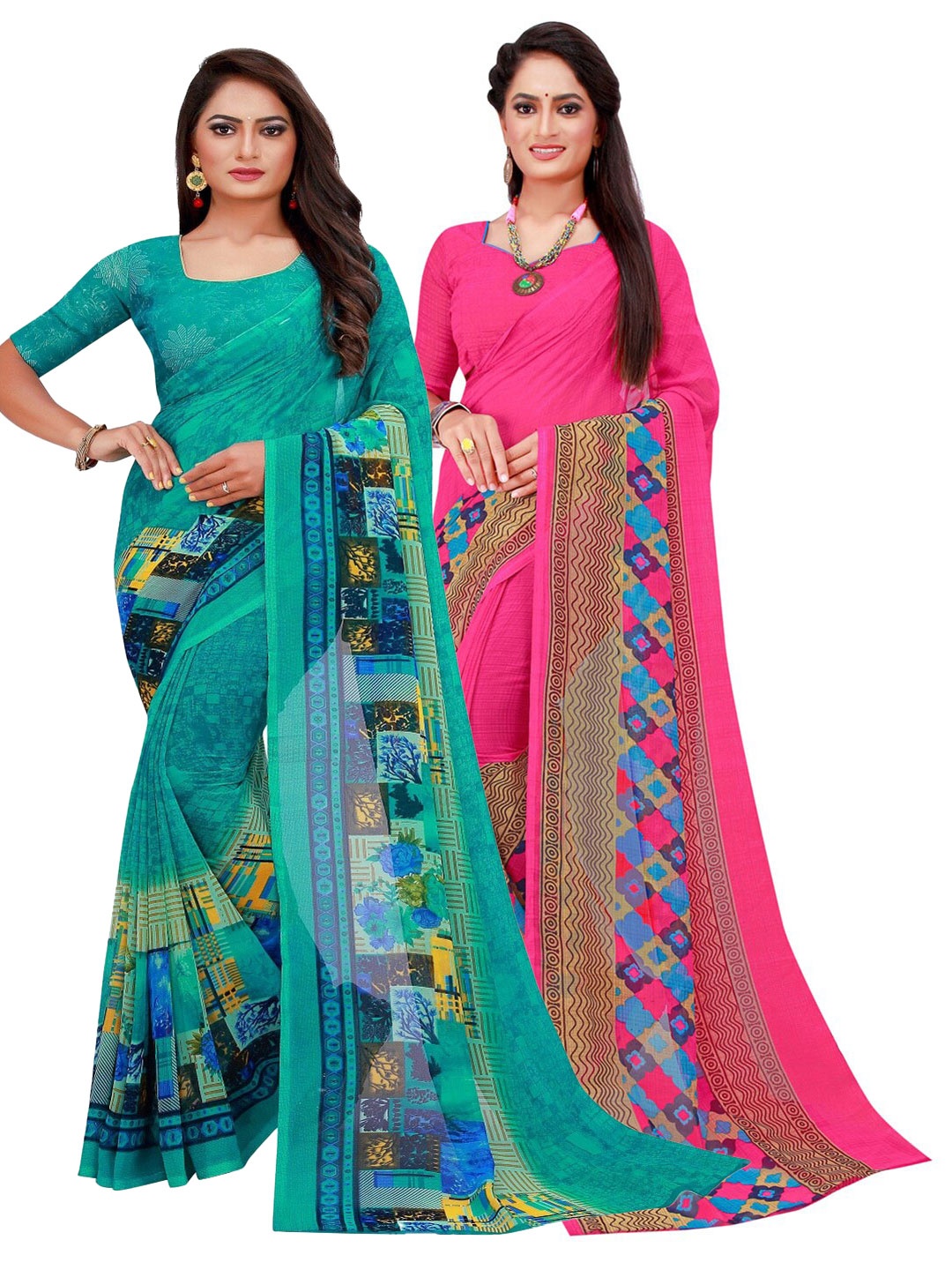 

SAADHVI Magenta & Turquoise Blue Pack of 2 Pure Georgette Saree