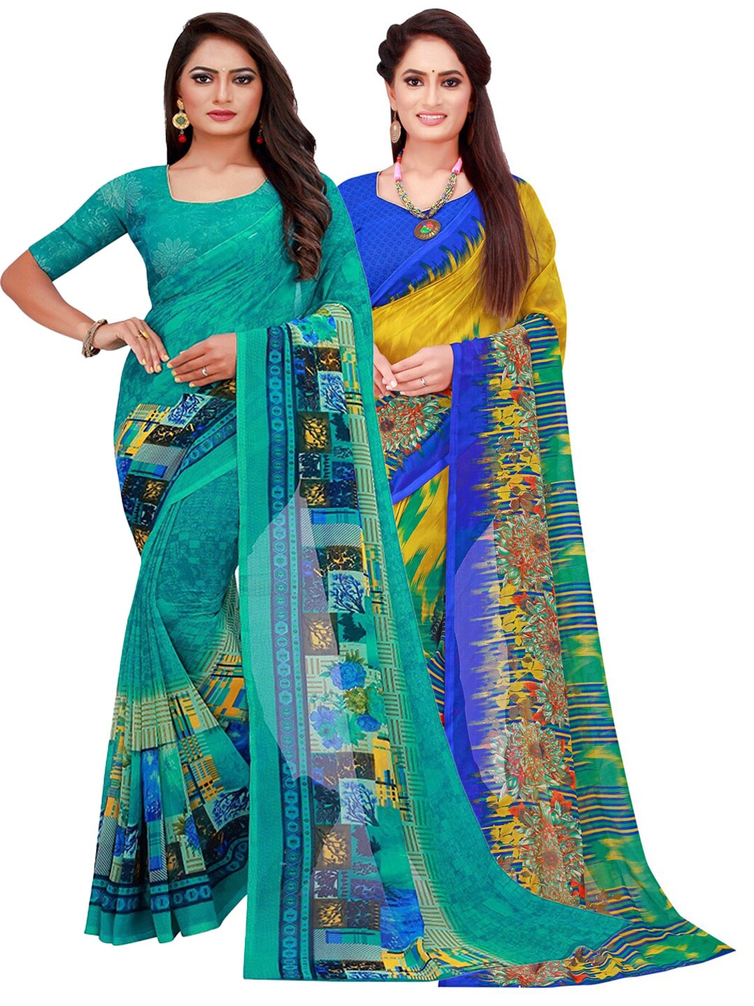 

SAADHVI Pack Of 2 Turquoise Blue & Green Pure Georgette Saree