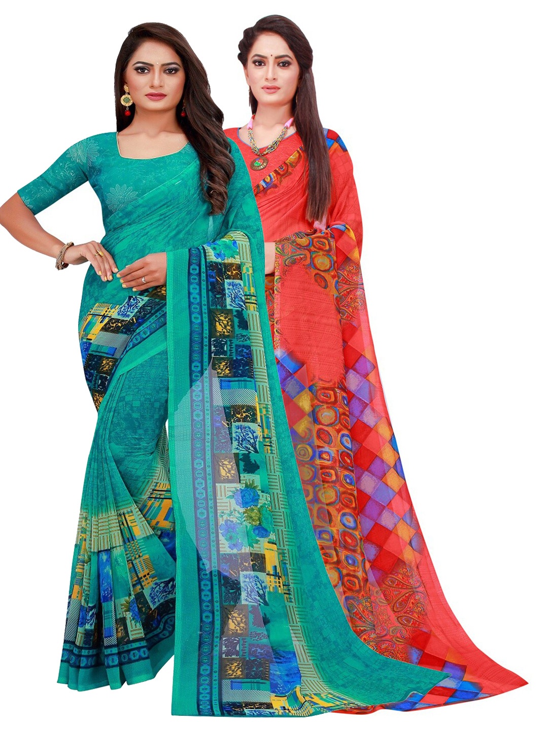 

SAADHVI Pack Of 2 Red & Turquoise Blue Pure Georgette Saree