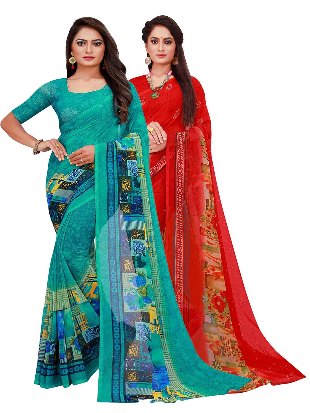 

SAADHVI Pack of 2 Red & Turquoise Blue Floral Pure Georgette Sarees