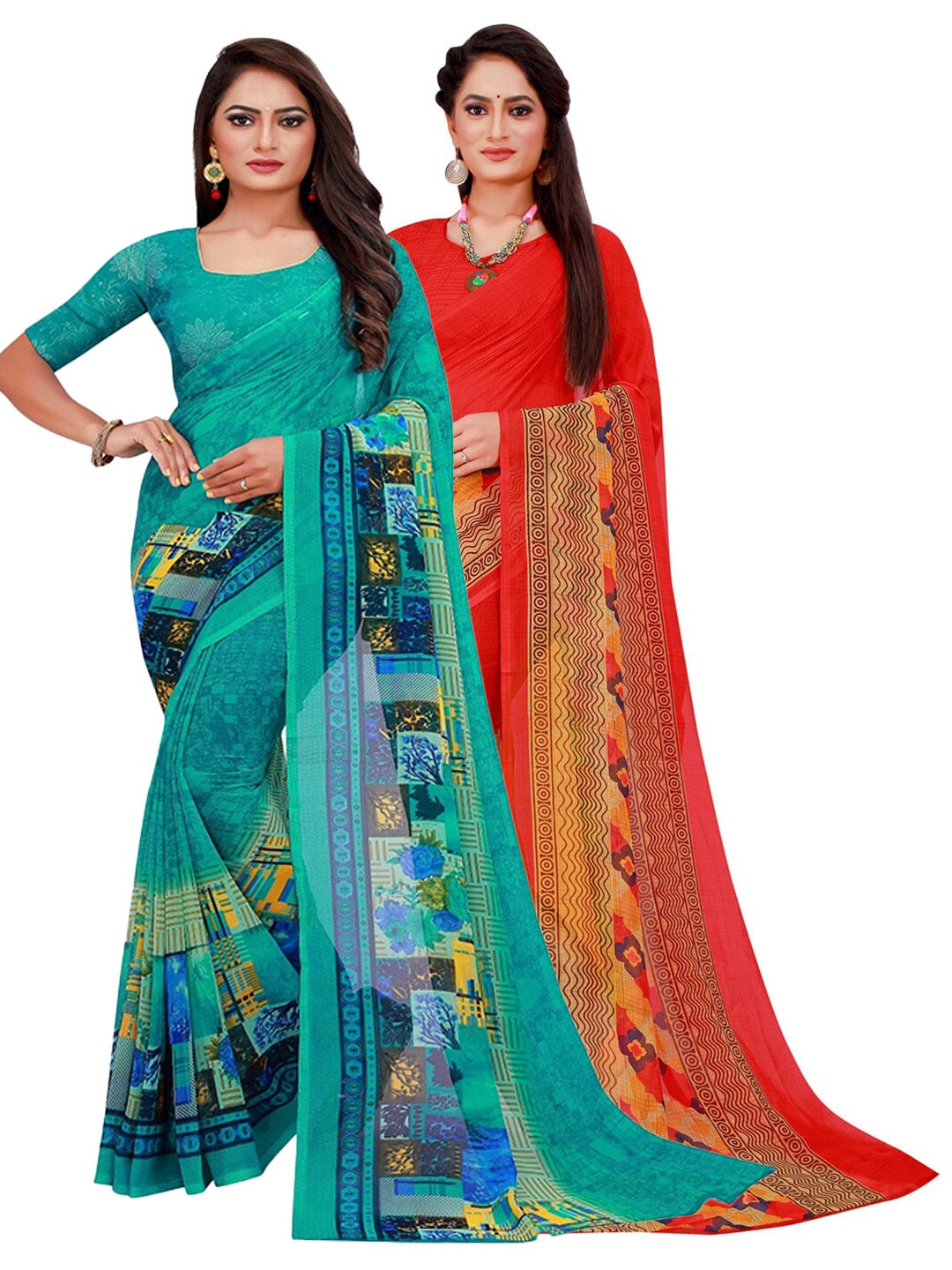 

SAADHVI Red & Turquoise Blue Pack Of 2 Pure Georgette Sarees