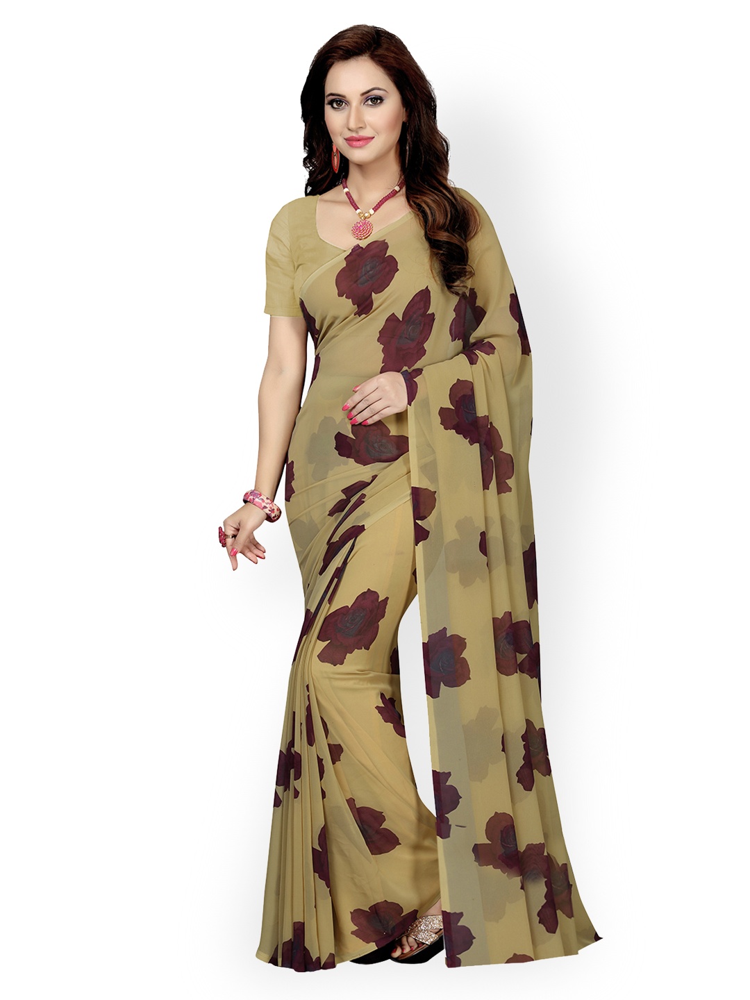 

Ishin Beige Faux Georgette Floral Print Saree