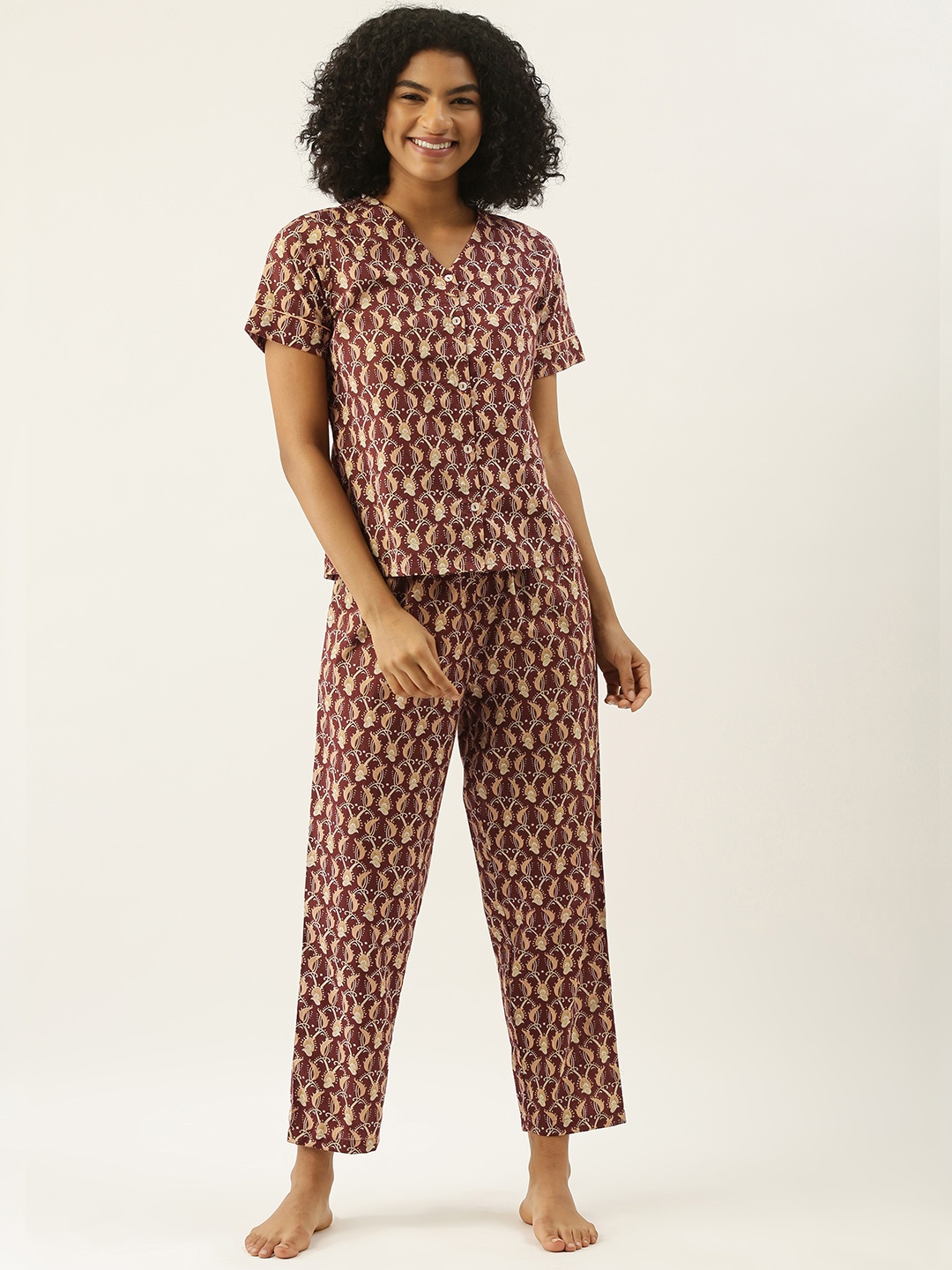 

SANSKRUTIHOMES Women Maroon & Beige Printed Cotton Pyjama Set