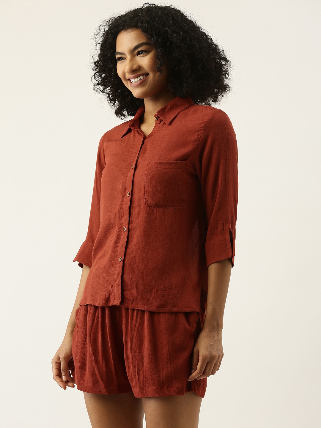 SANSKRUTIHOMES Women Rust Solid Red Shorts Set