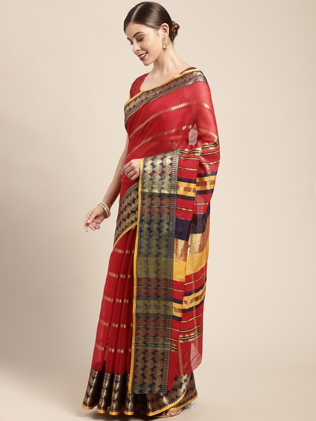 

Leeza Store Red Woven Design Taant Saree