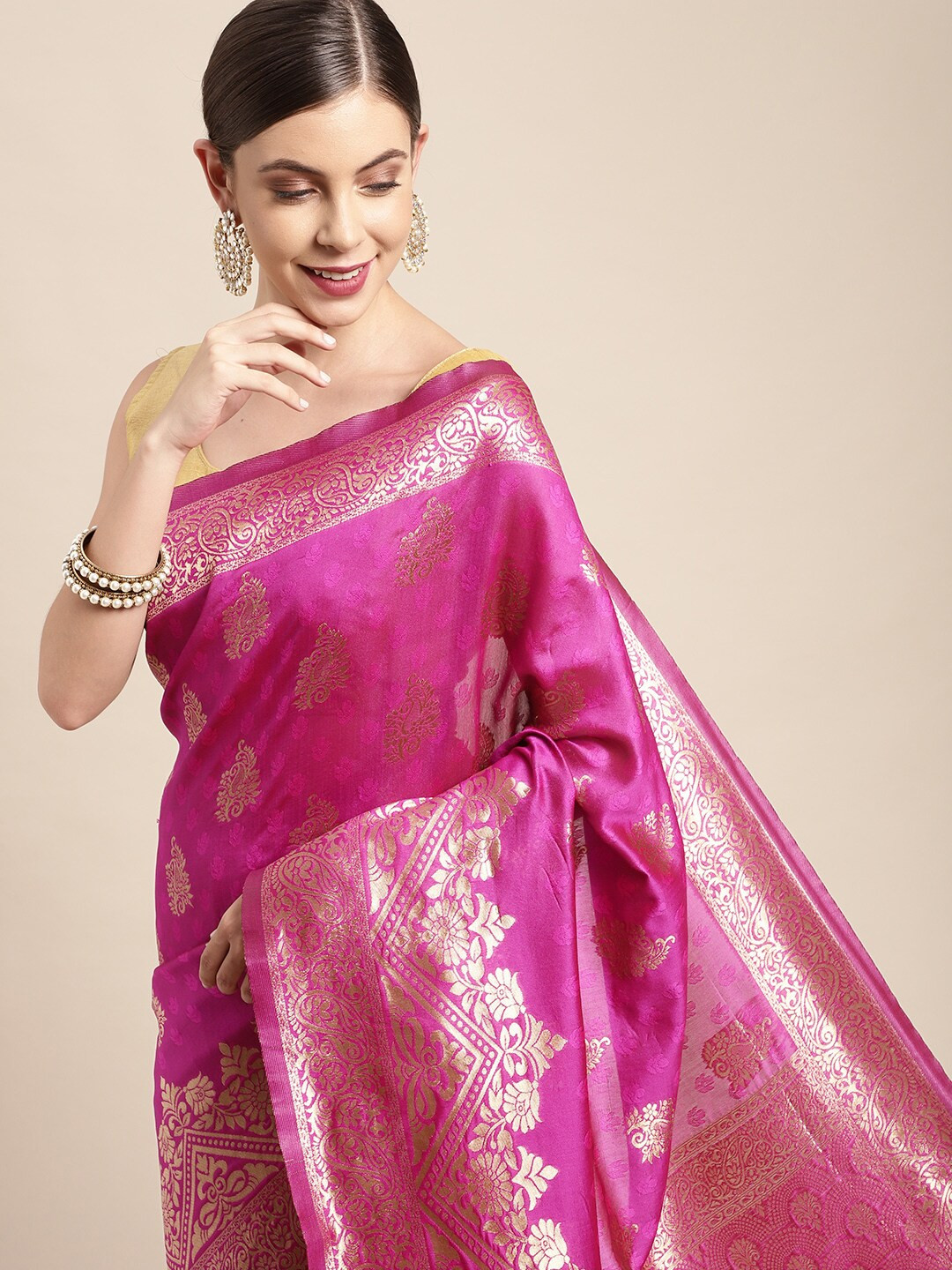 

Leeza Store Pink Woven Design Zari Silk Blend Banarasi Saree