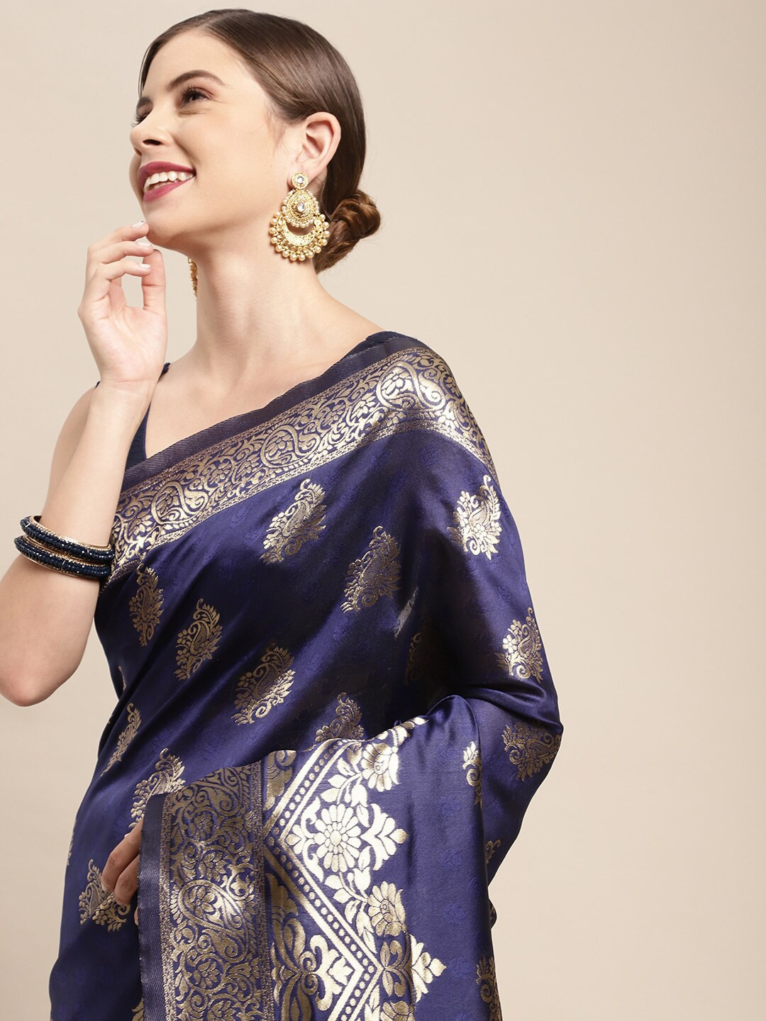

Leeza Store Navy Blue & Gold-Toned Woven Design Silk Blend Banarasi Saree