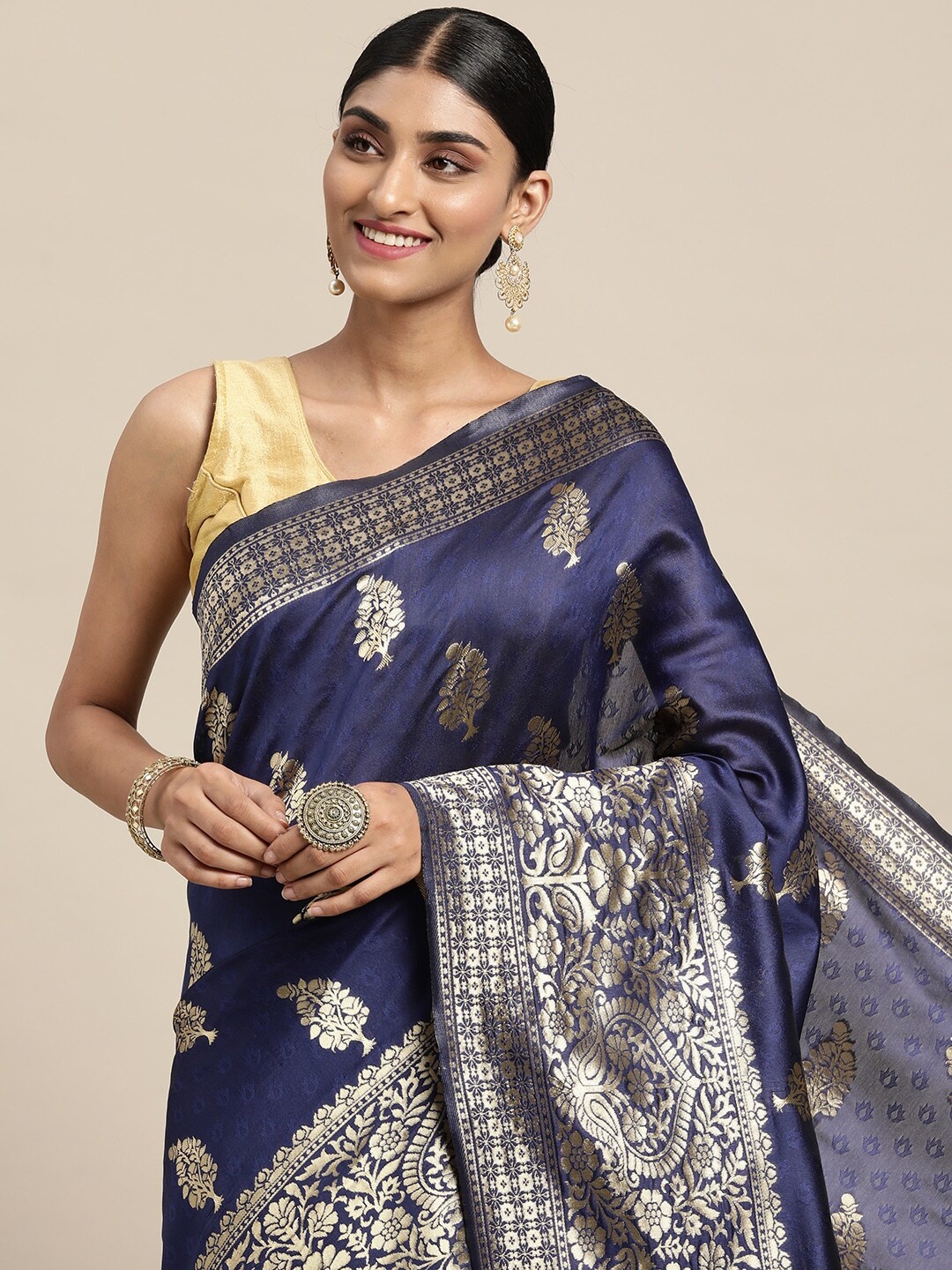 

Leeza Store Navy Blue & Golden Ethnic Motifs Zari Silk Blend Banarasi Saree