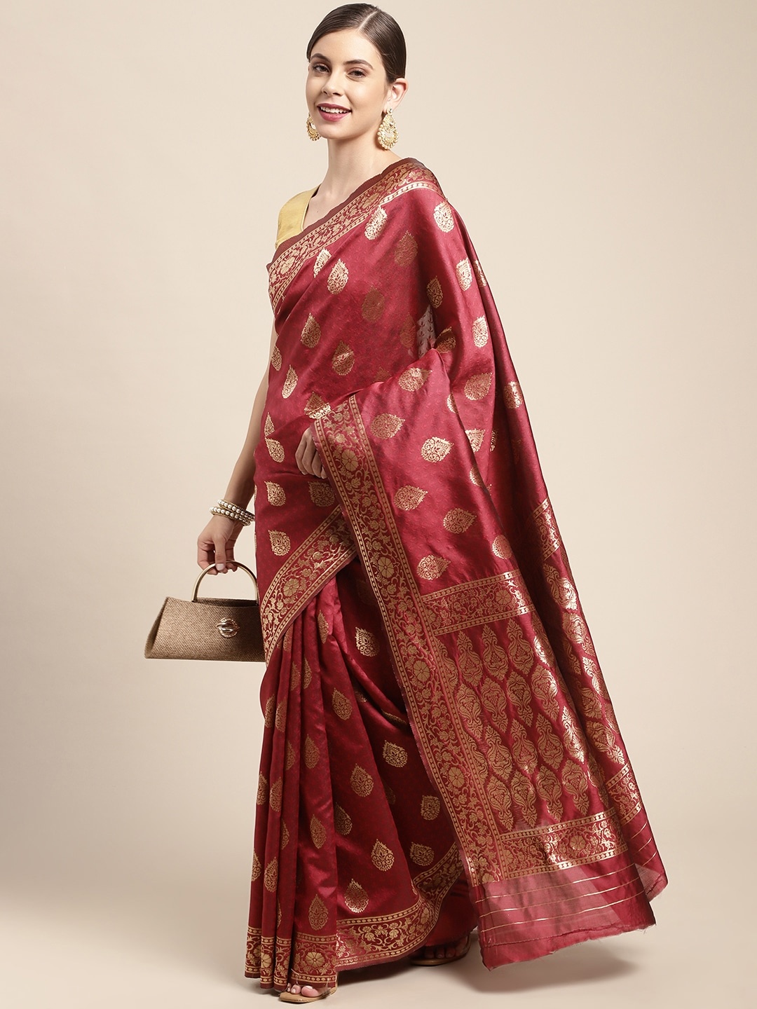 

Leeza Store Maroon & Gold-Toned Woven Design Silk Blend Banarasi Saree