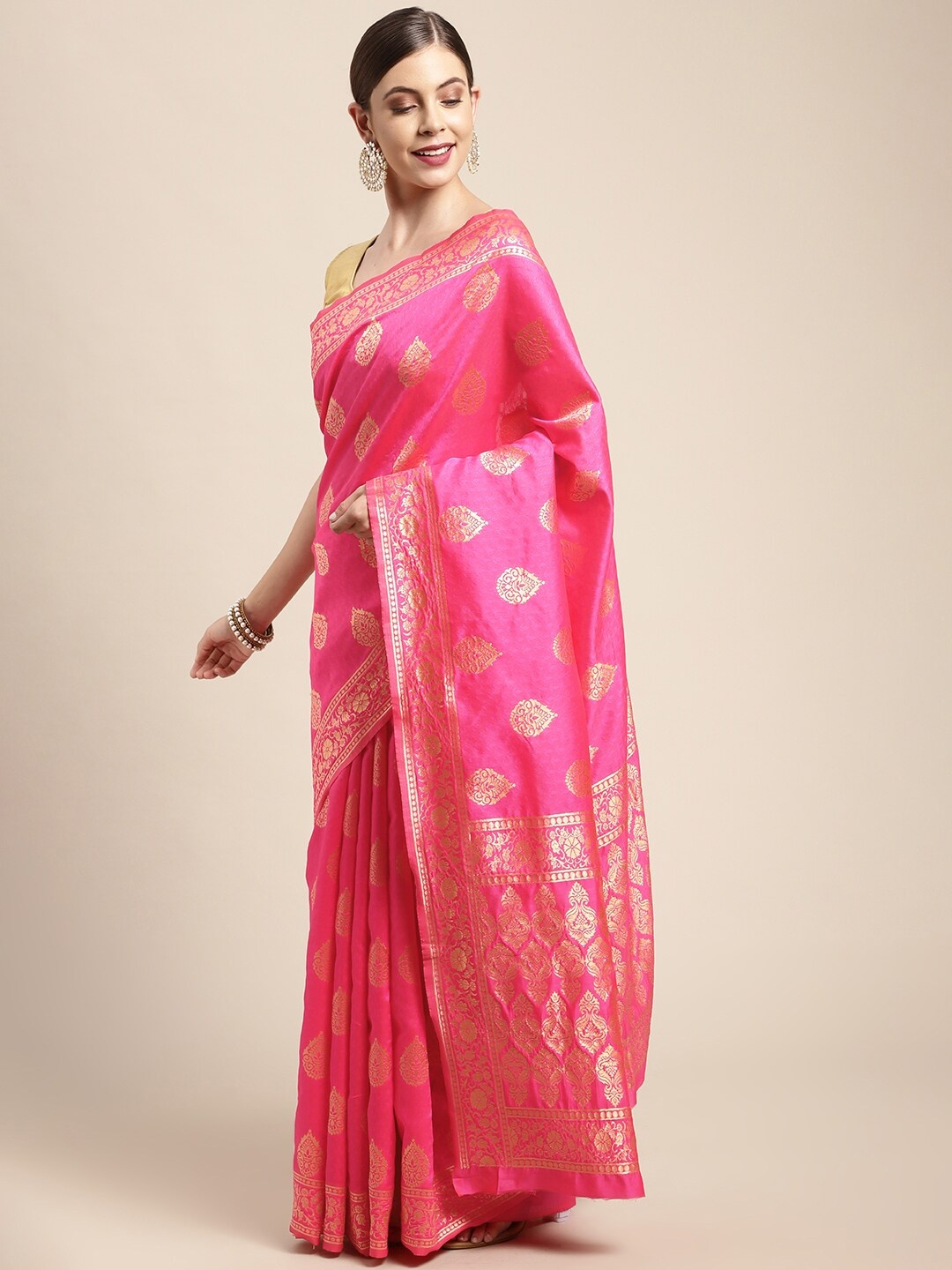 

Leeza Store Pink Woven Design Silk Blend Banarasi Saree
