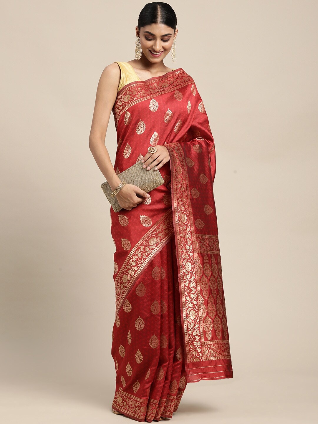 

Leeza Store Red & Golden Ethnic Motifs Zari Silk Blend Banarasi Saree