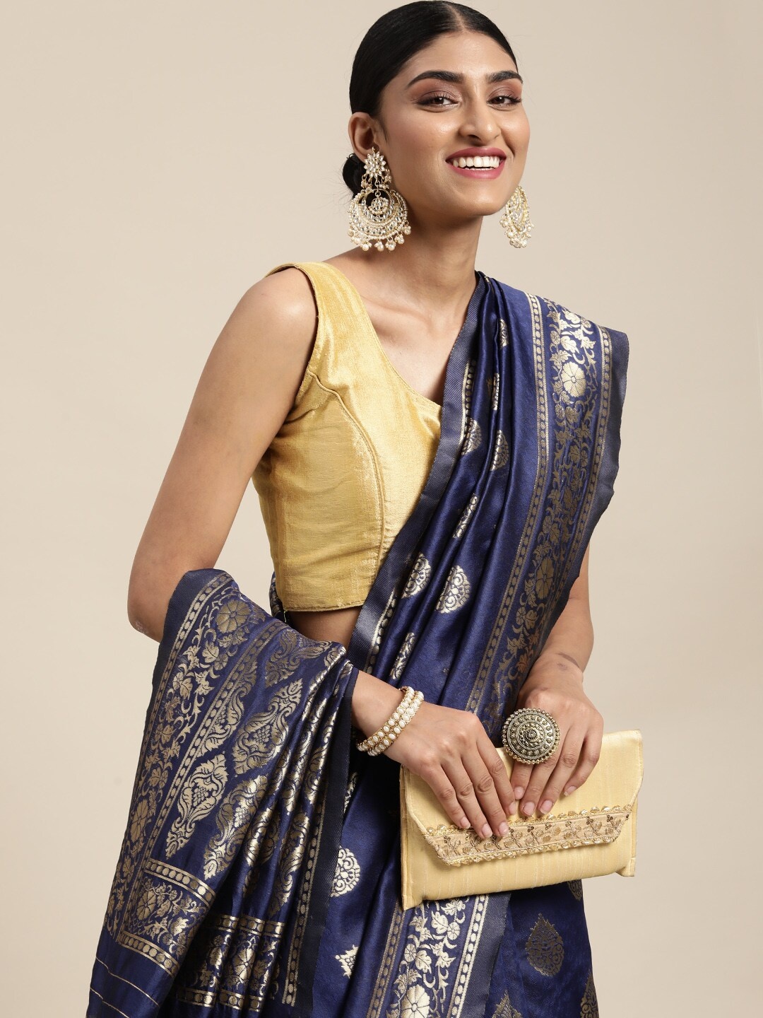 

Leeza Store Navy Blue & Golden Ethnic Motifs Zari Silk Blend Banarasi Saree