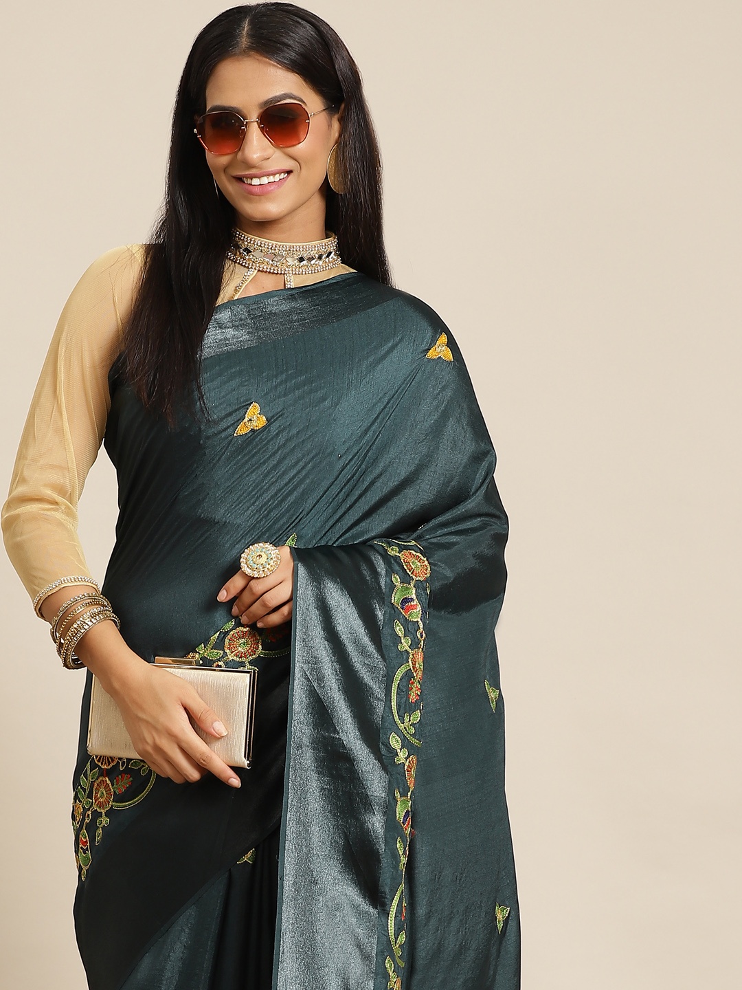 

KALINI Teal Green & Yellow Ethnic Motifs Art Silk Saree