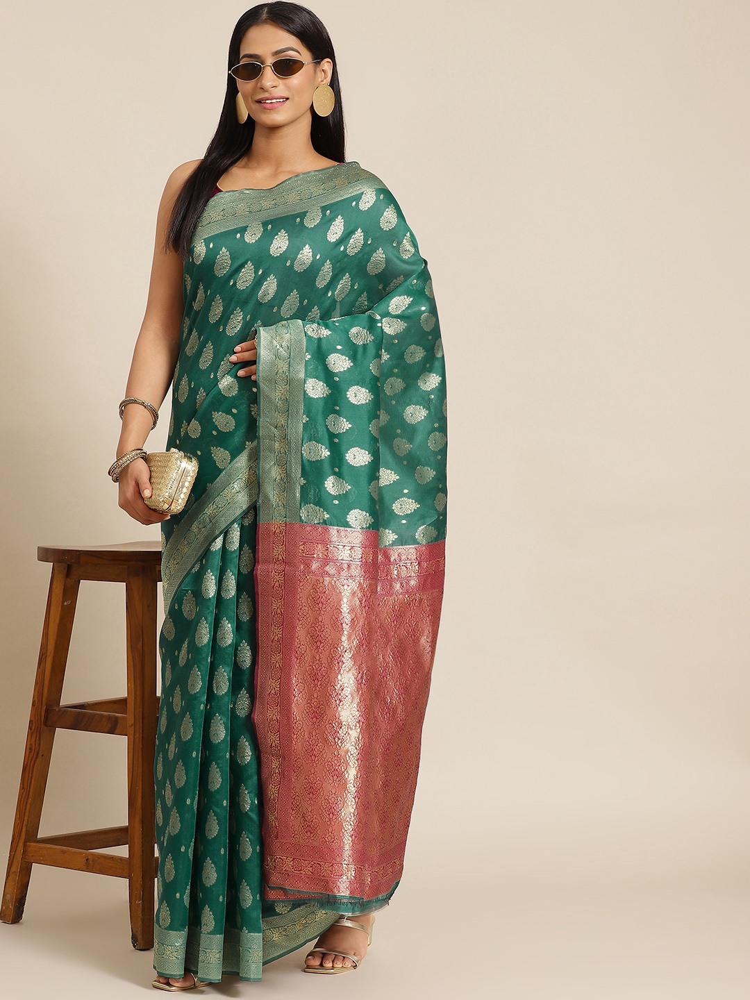 

KALINI Teal Green & Golden Ethnic Motifs Silk Blend Banarasi Saree