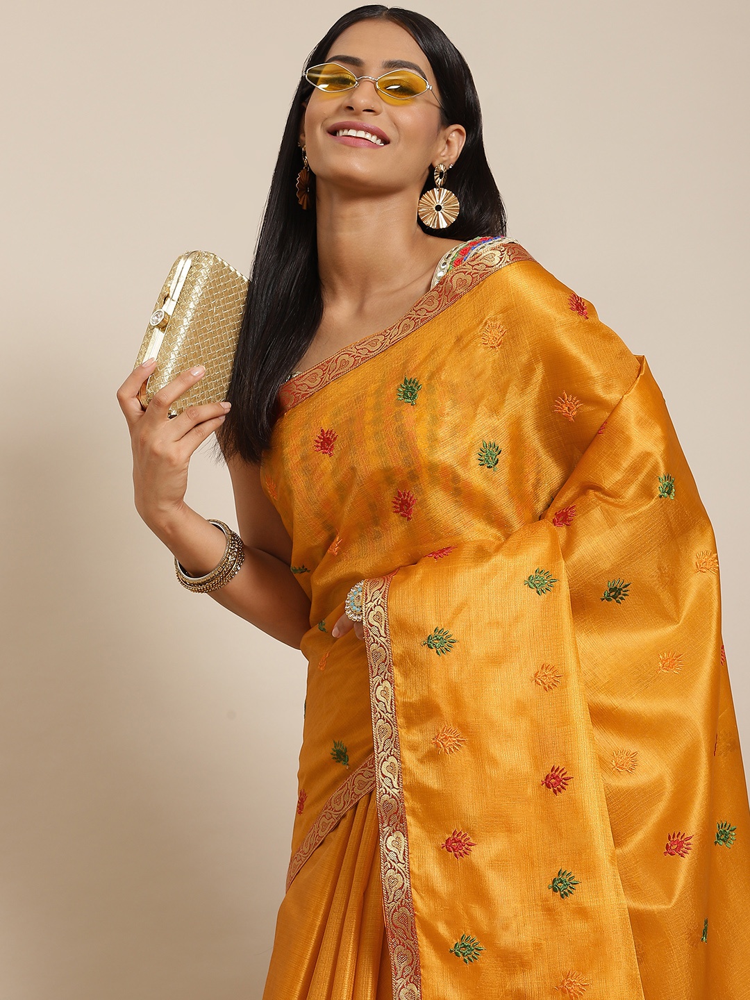 

KALINI Mustard Yellow Ethnic Motifs Silk Blend Tussar Saree