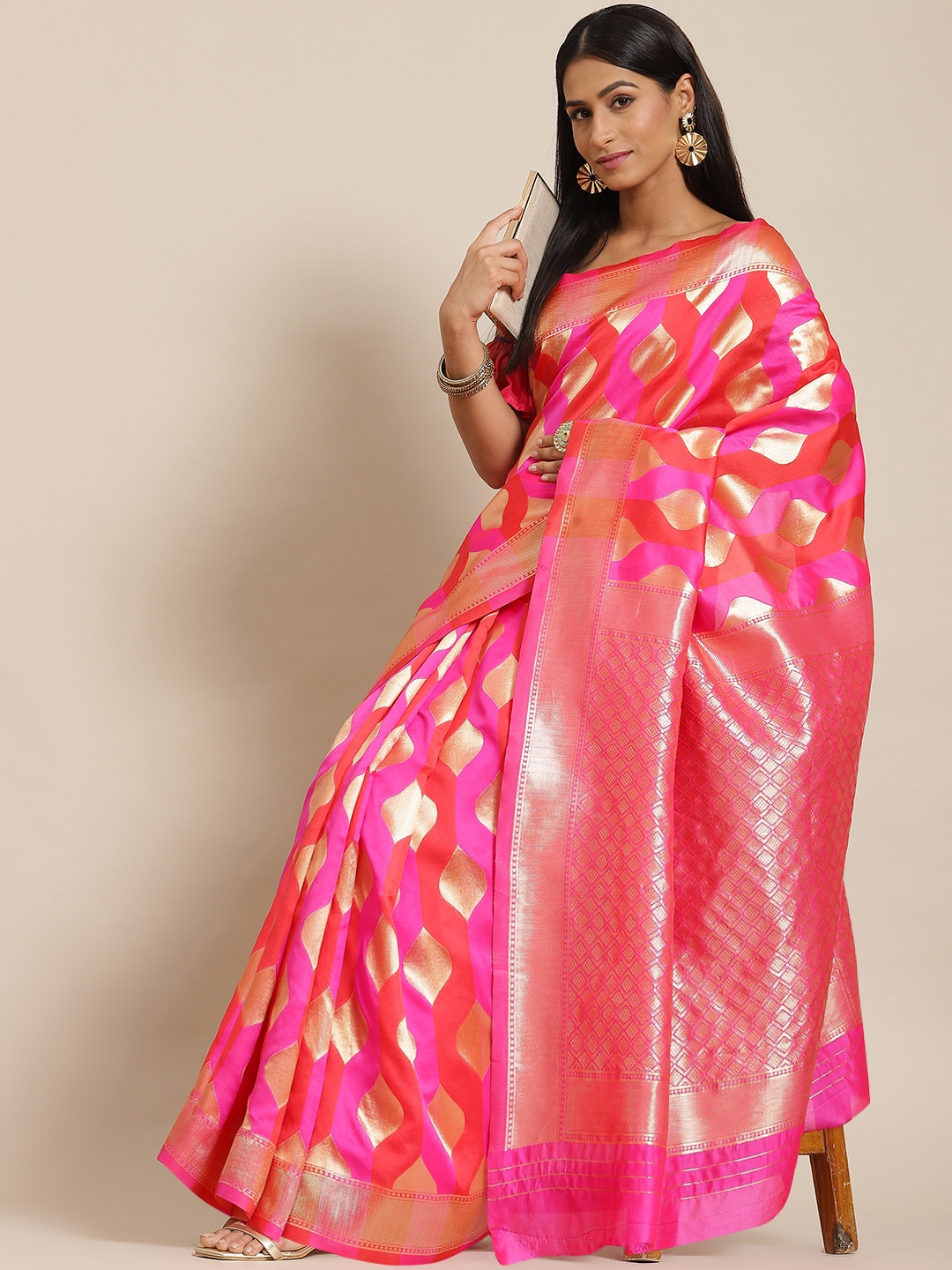 

KALINI Magenta & Orange Woven Design Silk Blend Banarasi Saree