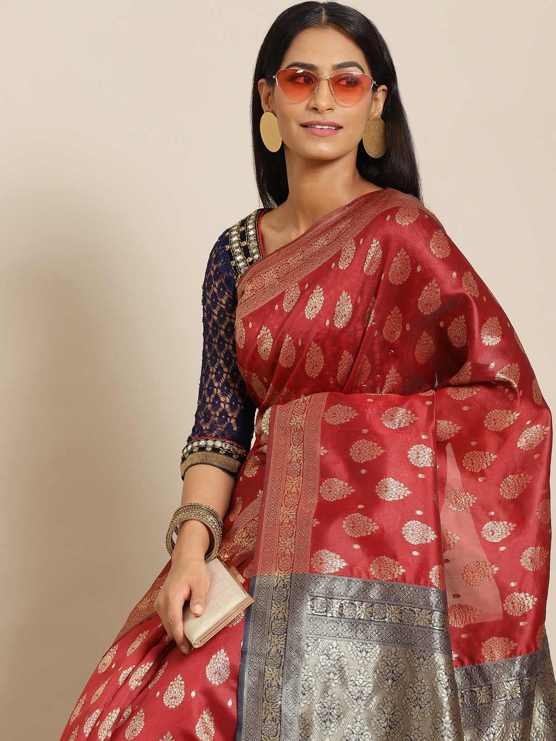 

KALINI Maroon & Golden Ethnic Motifs Silk Blend Banarasi Saree