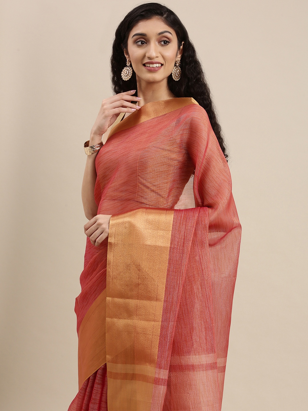 

PERFECTBLUE Red & Gold-Toned Woven Design Zari Silk Cotton Saree