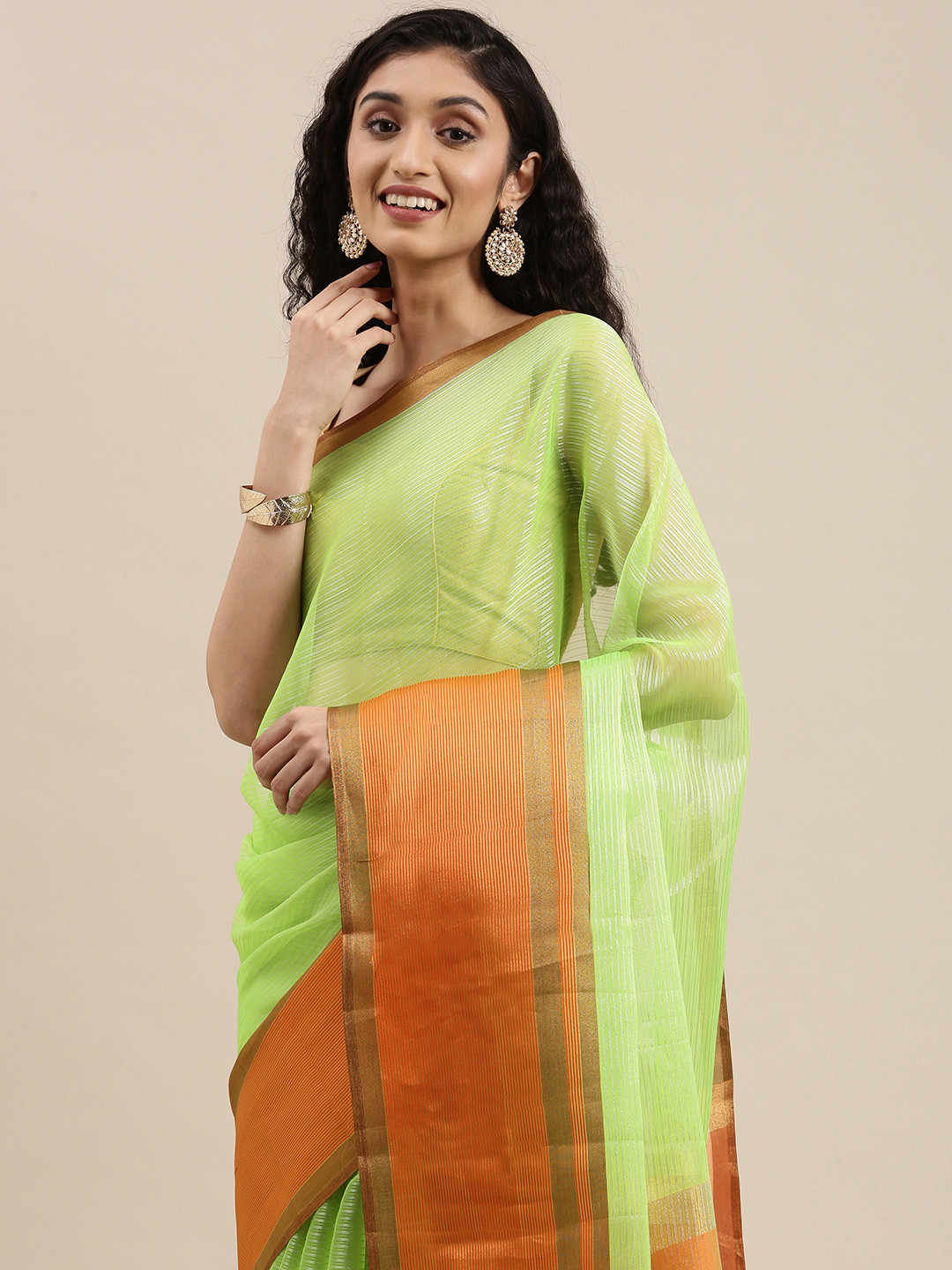 

PERFECTBLUE Green & Orange Striped Zari Silk Cotton Saree