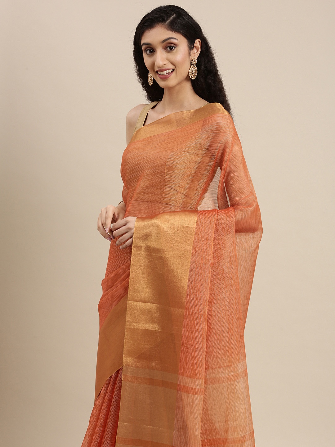 

PERFECTBLUE Orange & Gold-Toned Woven Design Zari Silk Cotton Saree