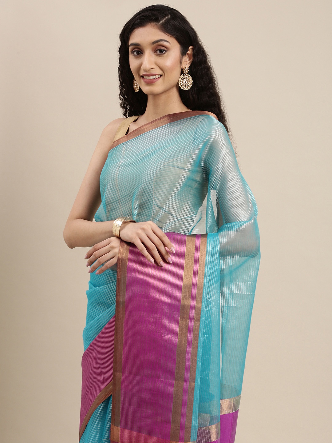 

PERFECTBLUE Blue & Magenta Striped Zari Silk Cotton Saree