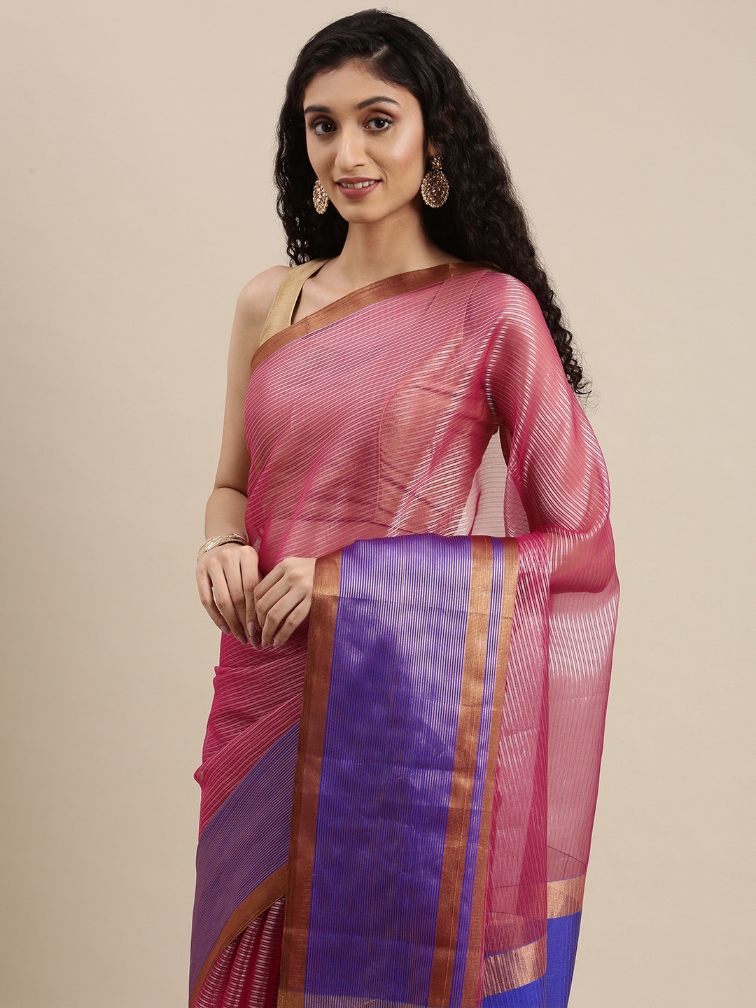 

PERFECTBLUE Pink & Blue Striped Zari Silk Cotton Saree