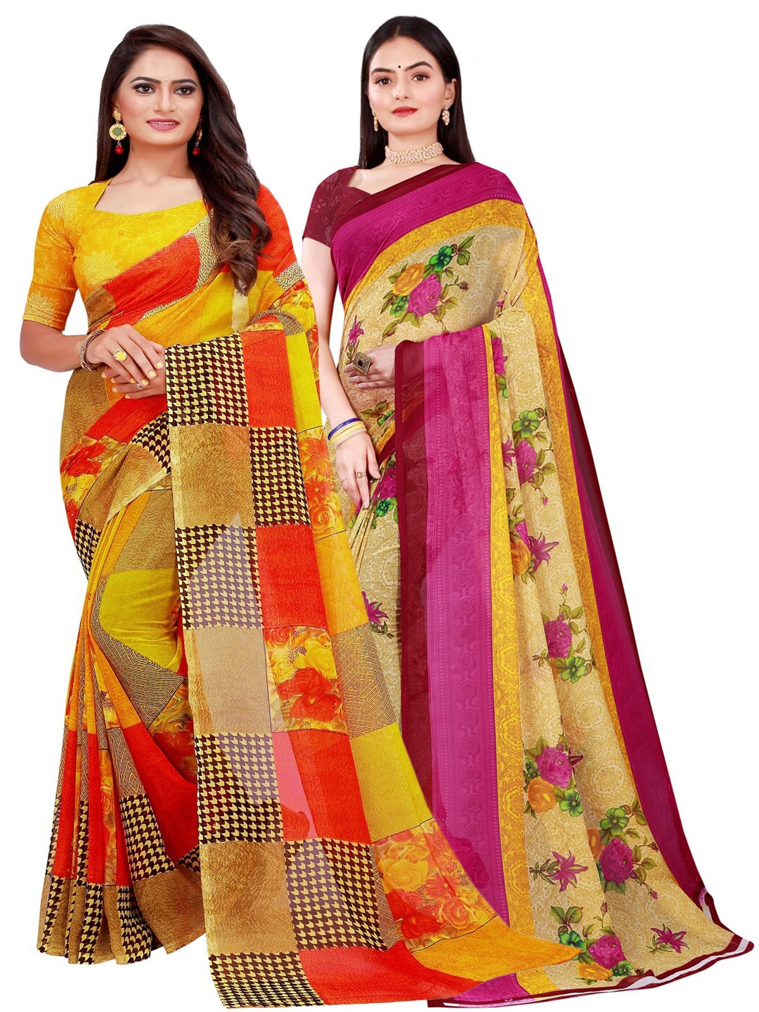 

Florence Pack of 2 Beige & Yellow Pure Georgette Sarees