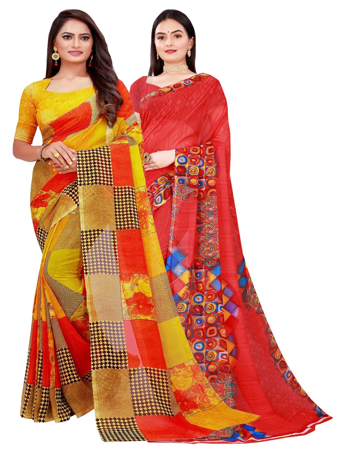 

Florence Pack Of 2 Red & Yellow Pure Georgette Saree