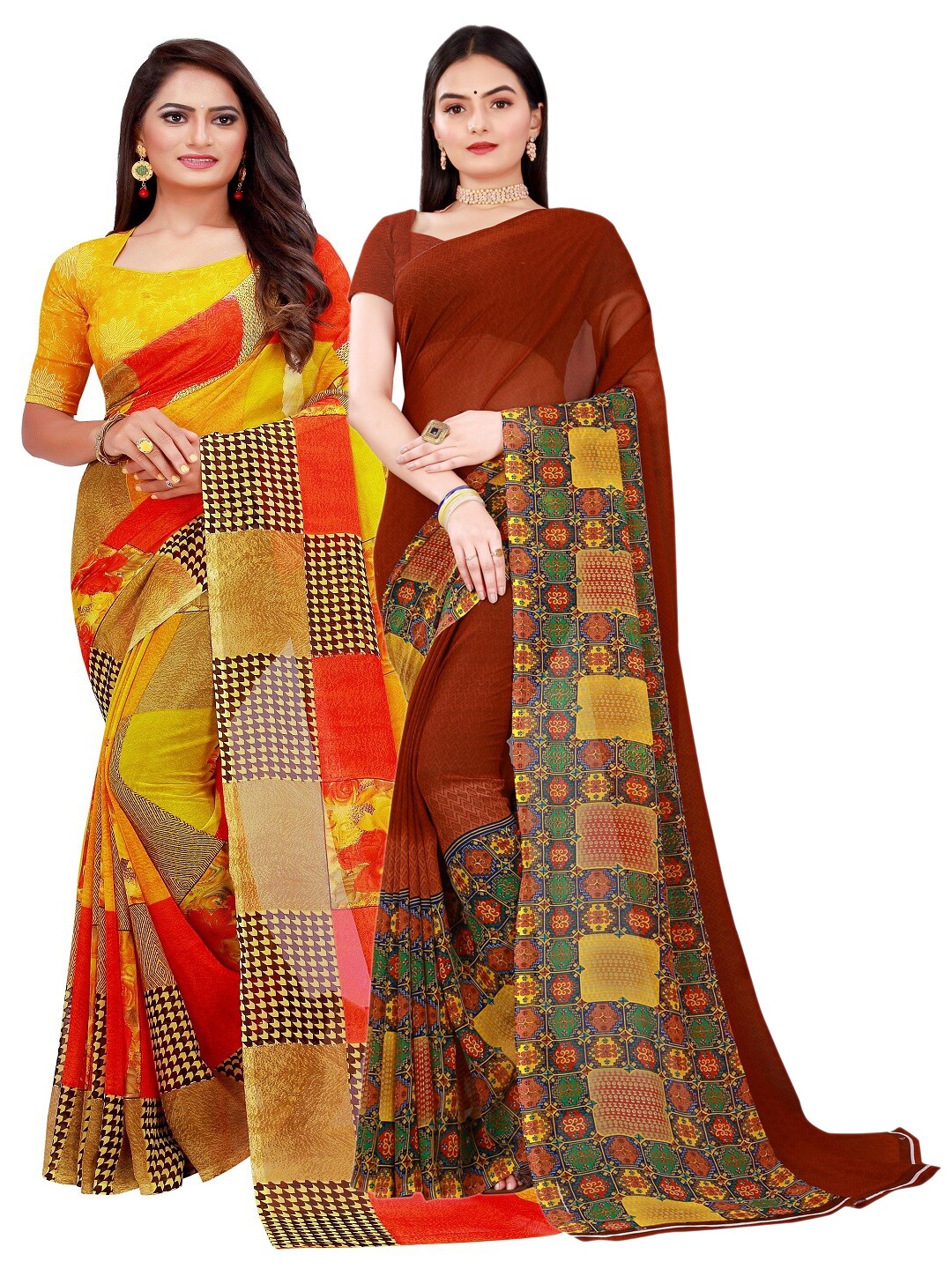 

Florence Pack of 2 Yellow & Maroon Printed Pure Georgette Saree