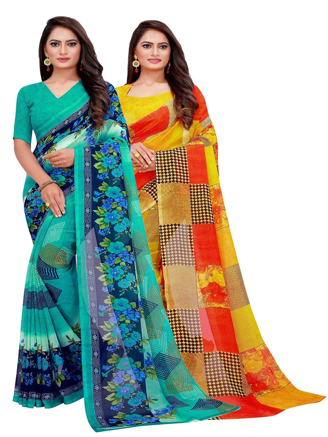 

Florence Pack of 2 Turquoise Blue & Yellow Floral Pure Georgette Saree