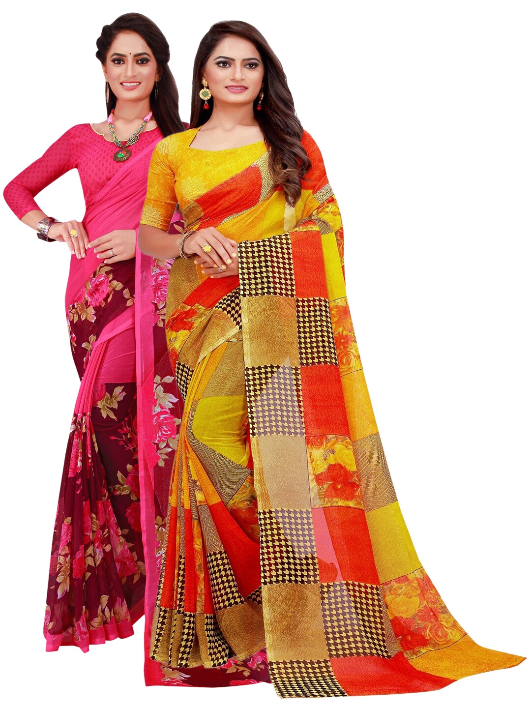 

Florence Yellow & Magenta Pack of 2 Printed Pure Georgette Sarees