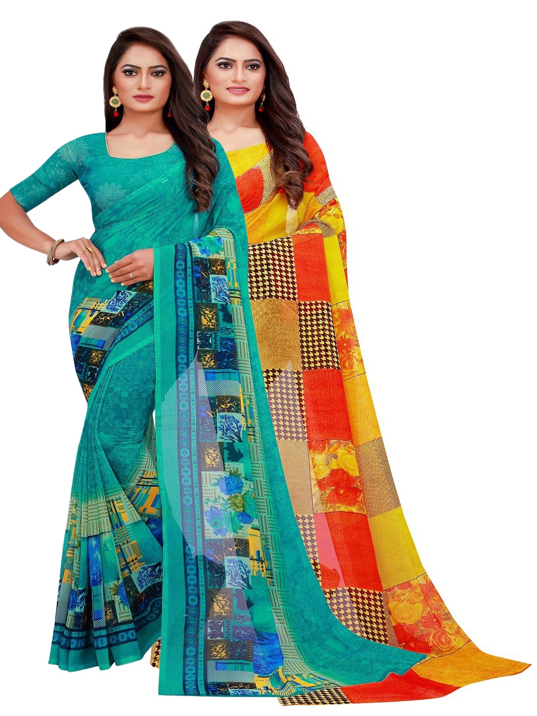 

Florence Pack of 2 Turquoise Blue & Yellow Floral Pure Georgette Sarees
