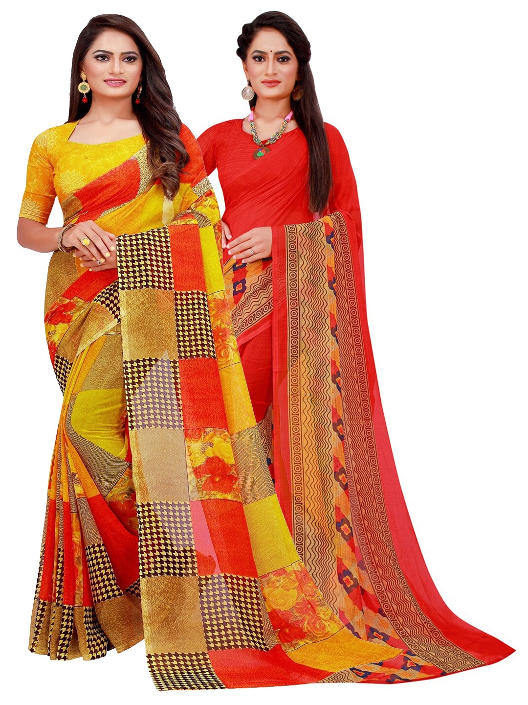 

Florence Pack of 2 Red & Yellow Floral Pure Georgette Saree