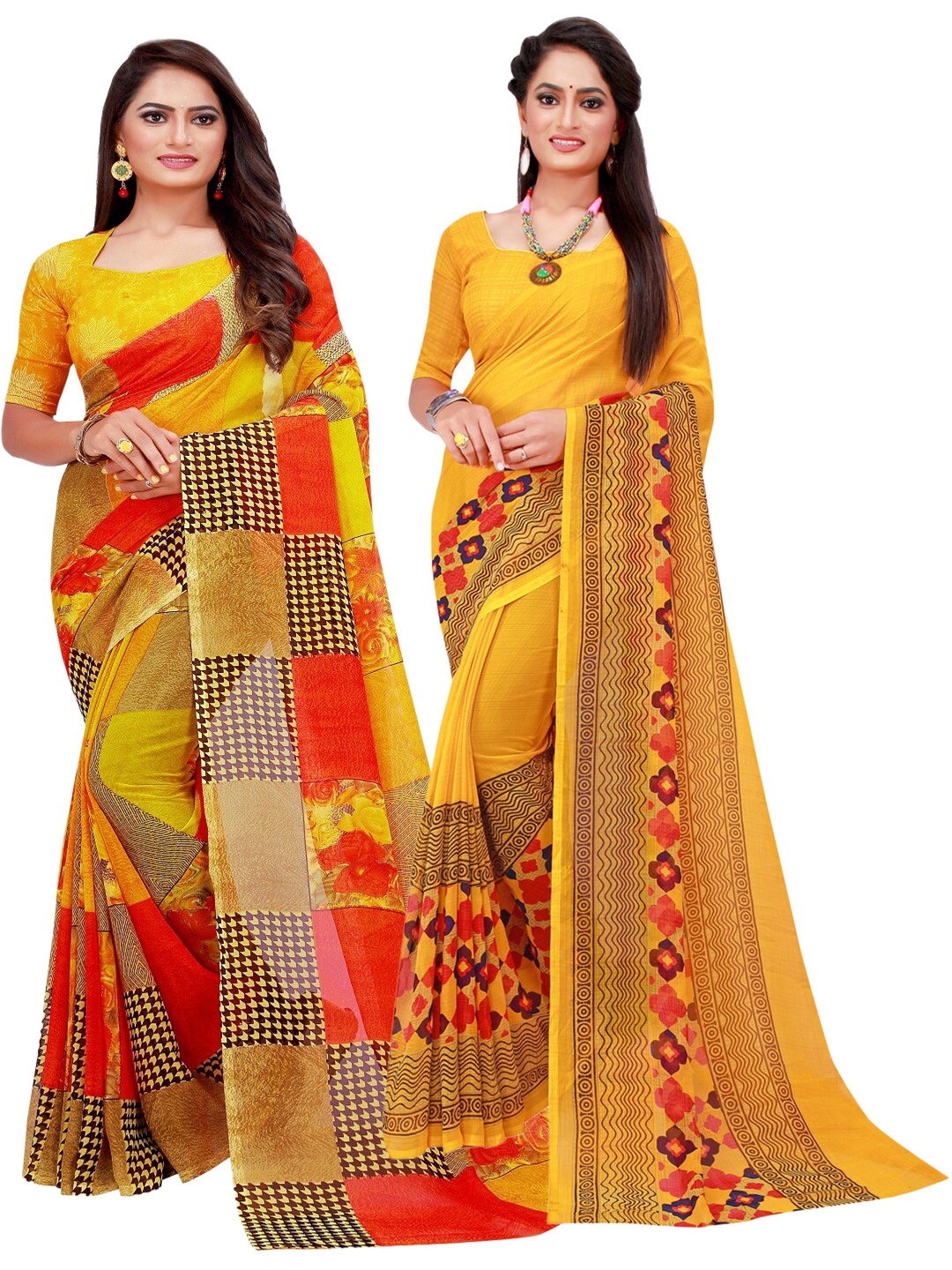 

Florence Pack of 2 Yellow & Red Pure Georgette Saree