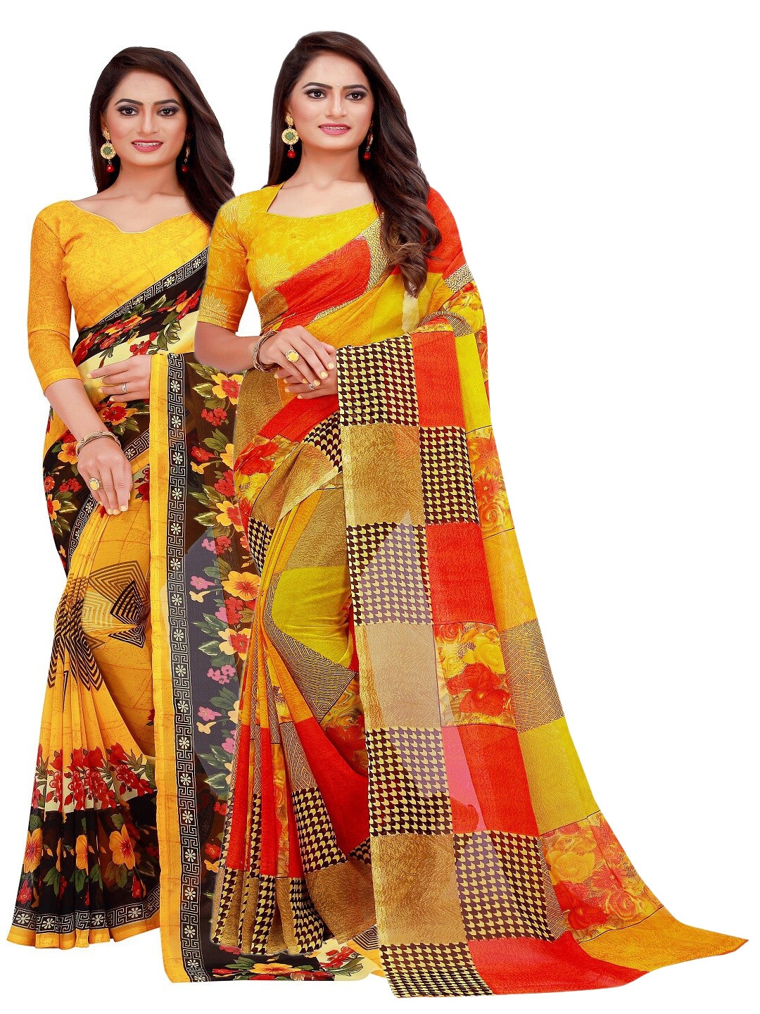 

Florence Pack Of 2 Yellow & Red Floral Pure Georgette Saree