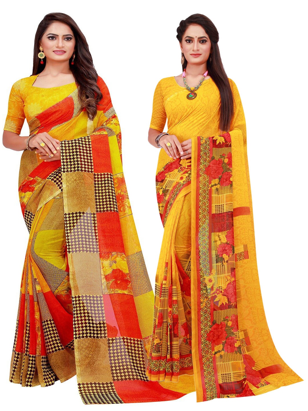 

Florence Pack of 2 Yellow & Red Pure Georgette Saree