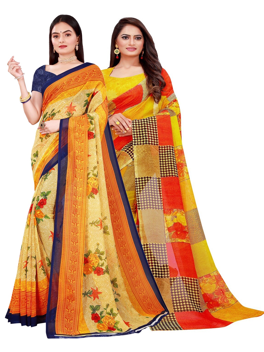 

Florence Pack of 2 Beige & Yellow Printed Pure Georgette Saree