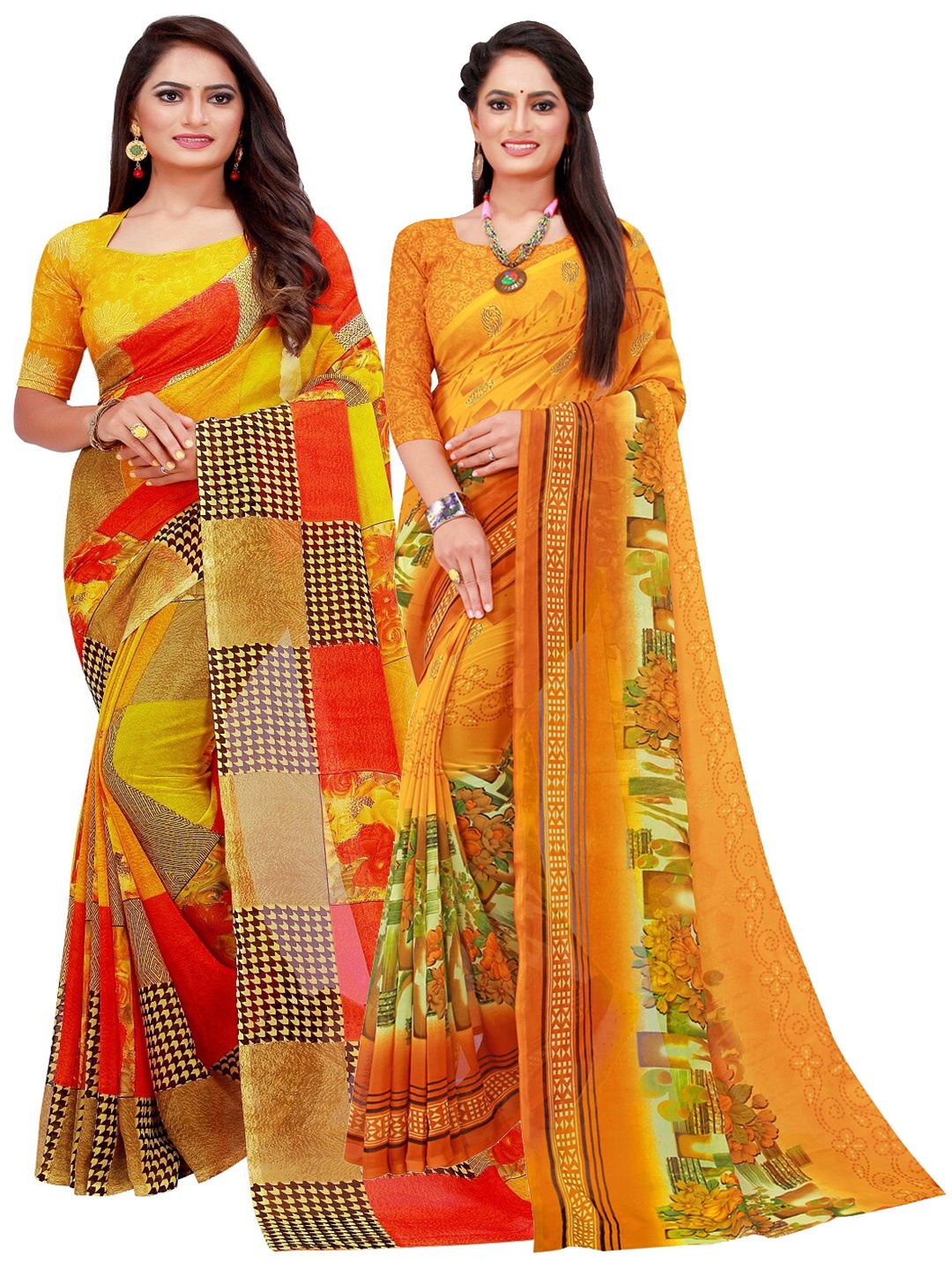 

Florence Pack Of 2 Yellow & Green Floral Pure Georgette Saree