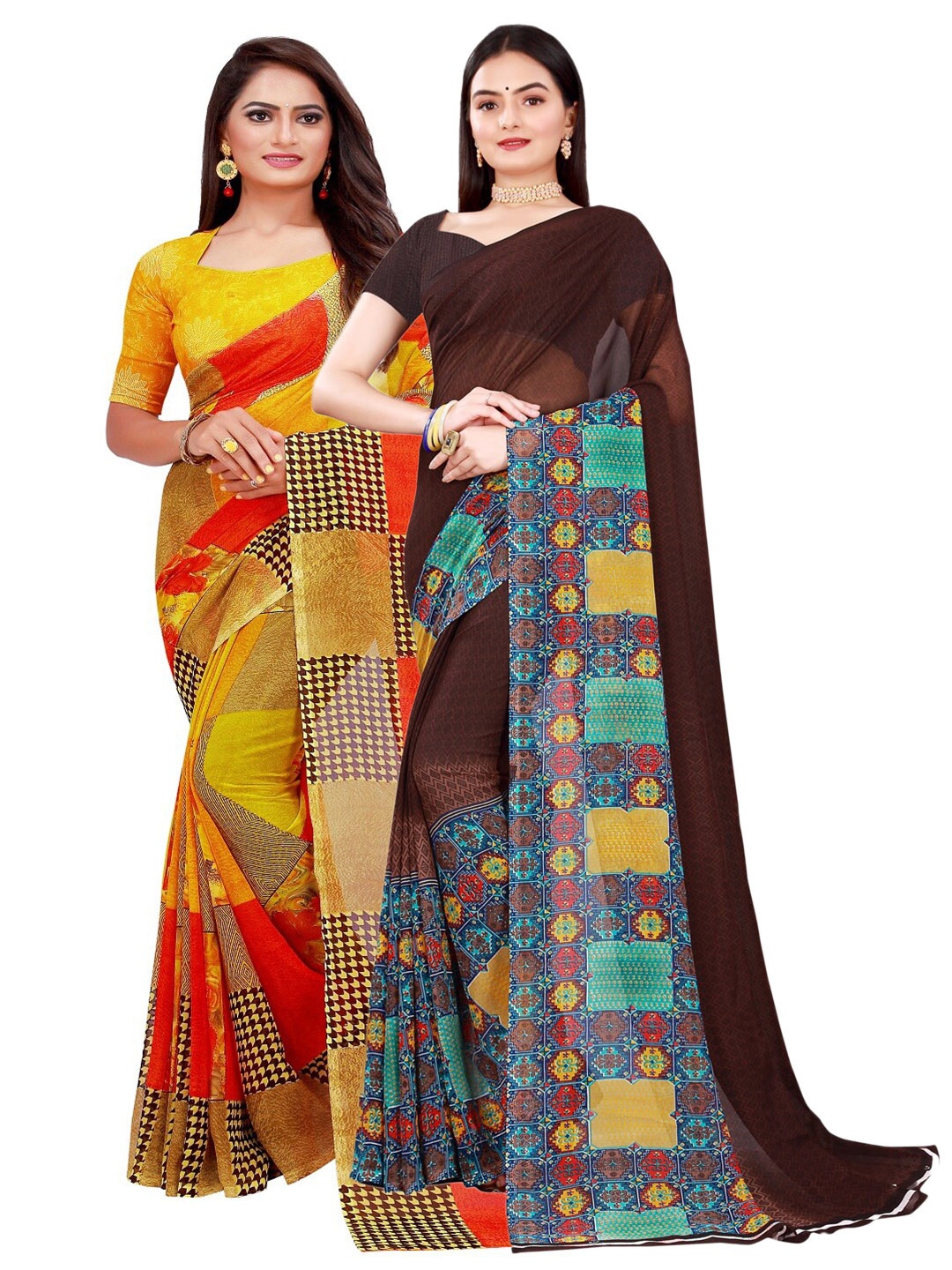 

Florence Pack of 2 Brown & Yellow Floral Pure Georgette Saree
