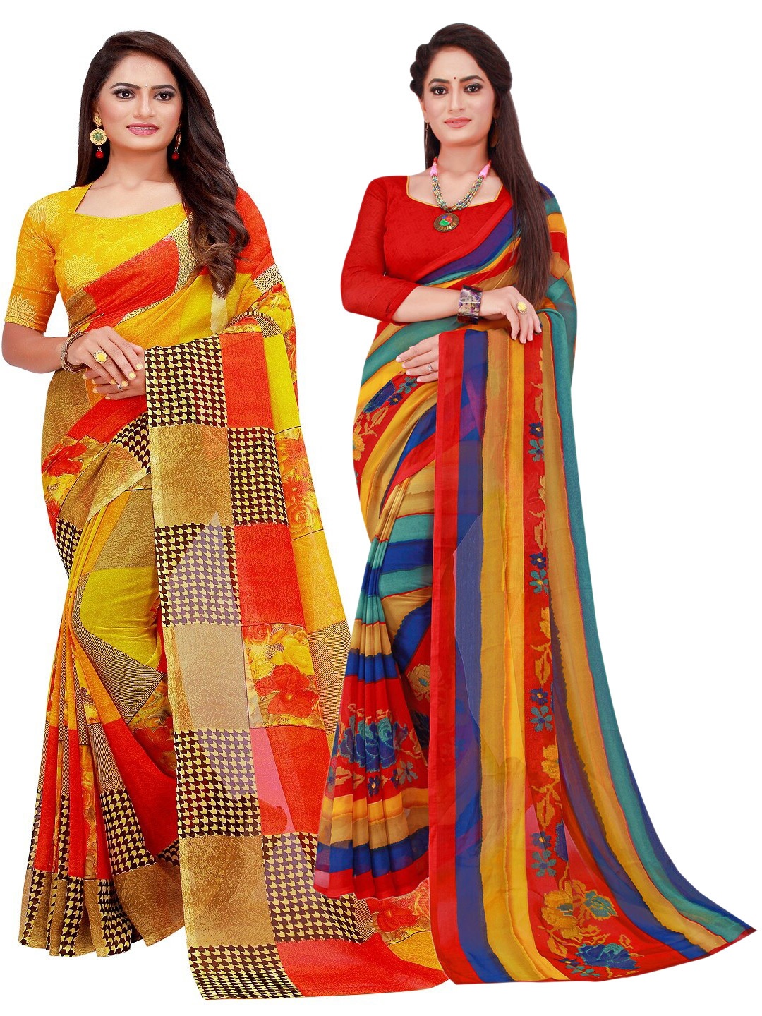 

Florence Set Of 2 Yellow & Blue Floral Pure Georgette Saree