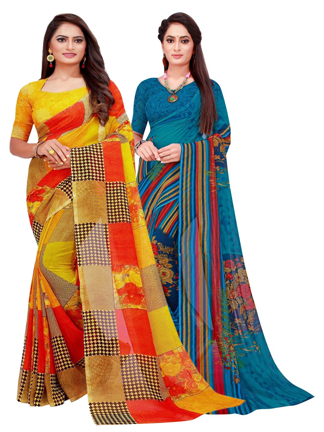 

Florence Pack of 2 Yellow & Blue Floral Pure Georgette Saree